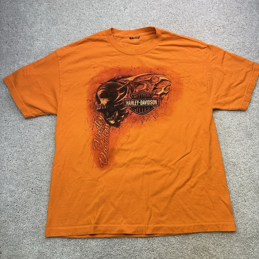 vintage Harley-Davidson orange skull flame graphic t-shirt Distressed Size XL